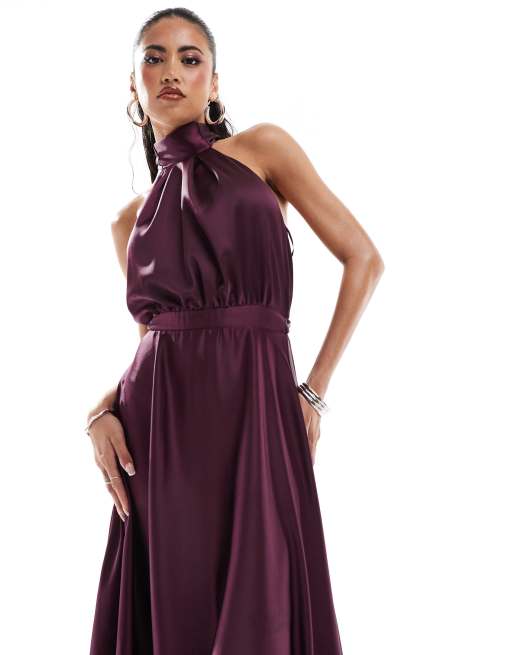 Vestido largo color ciruela medianoche con cuello halter de satén de True Violet, 3 de 4