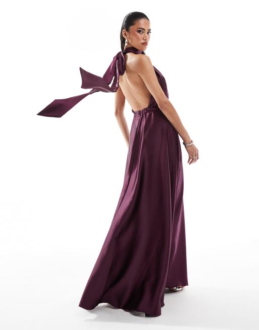 Vestido largo color ciruela medianoche con cuello halter de satén de True Violet, 4 de 4