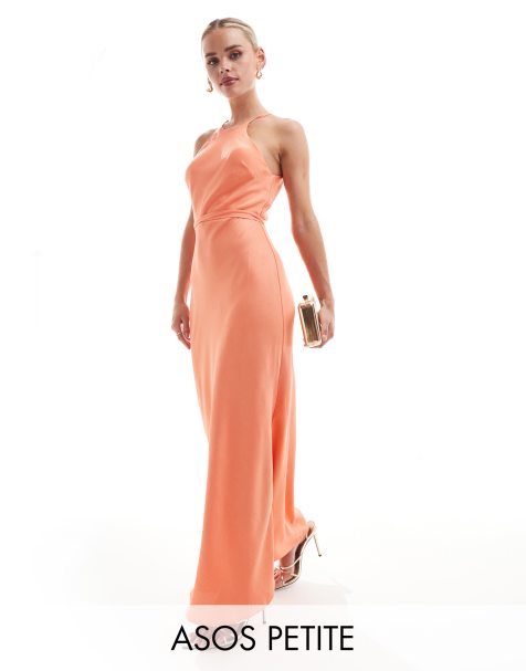 Vestido largo color coral con cuello halter, espalda de nadadora, aberturas en los laterales y lazada en la cintura de ASOS DESIGN Petite - view 1