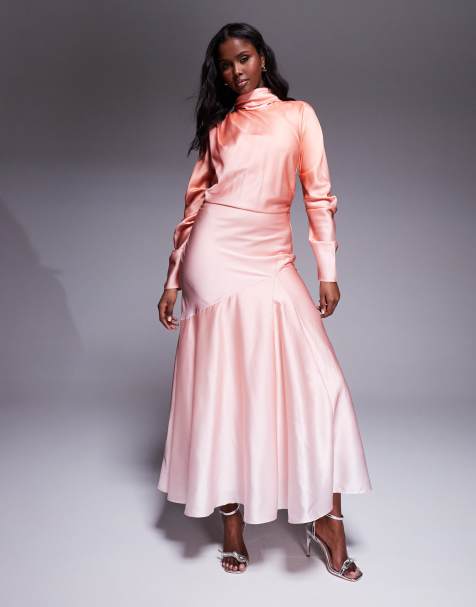 Vestido largo color coral degradado con cuello subido desbocado de ASOS DESIGN - view 1