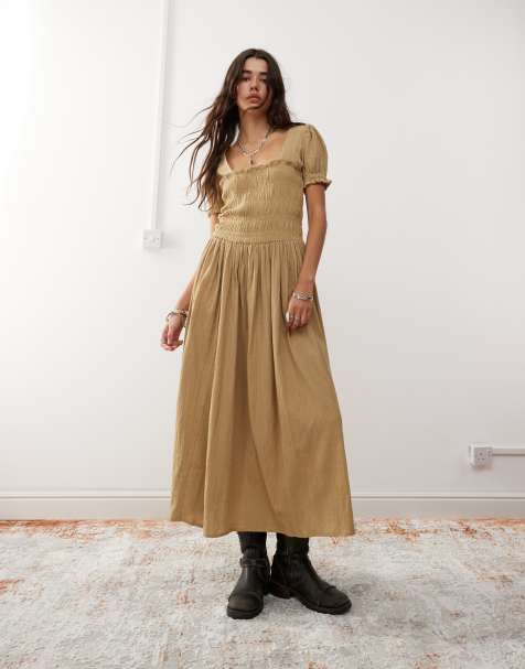 Vestido largo color crema antigua con mangas abullonadas y cuerpo fruncido de Reclaimed Vintage - view 1