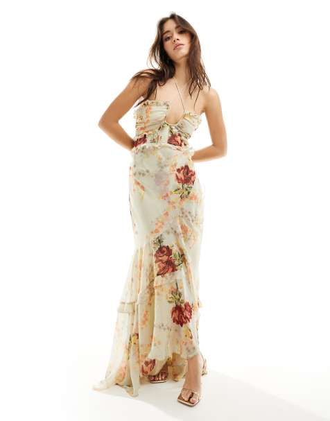 Vestido largo color crema con bajo asimétrico, estampado floral, cuello halter y volantes de ASOS DESIGN - view 1