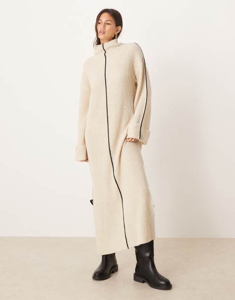 Vestido largo color crema con cuello alto de punto de VILA - view 1