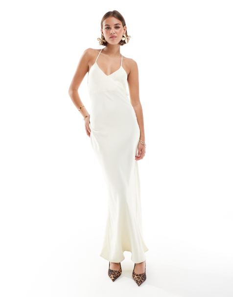 Vestido largo color crema con cuello halter y detalle en la espalda de satén de ASOS DESIGN - view 1