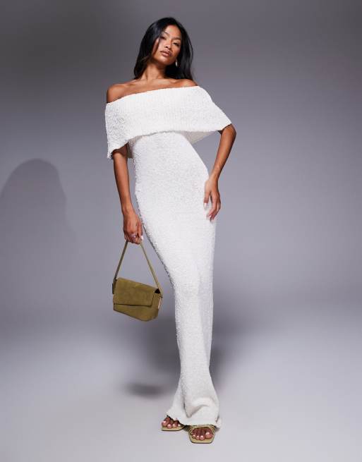 Vestido largo color crema con escote Bardot ancho de punto de bouclé Nixen de Princess Polly