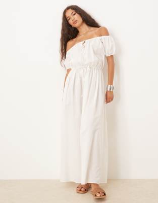 Vestido largo color crema con escote Bardot y cintura ceñida de ASOS DESIGN - view 1