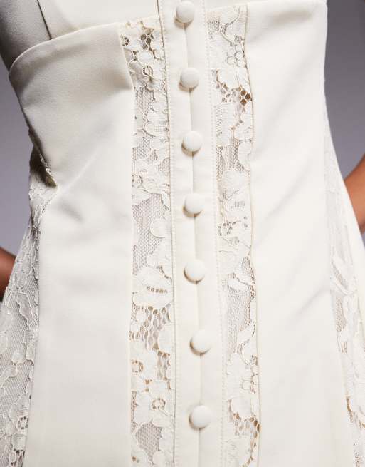 Vestido largo color crema con escote cuadrado y panel de encaje transparente exclusivo de Murci, 2 de 4