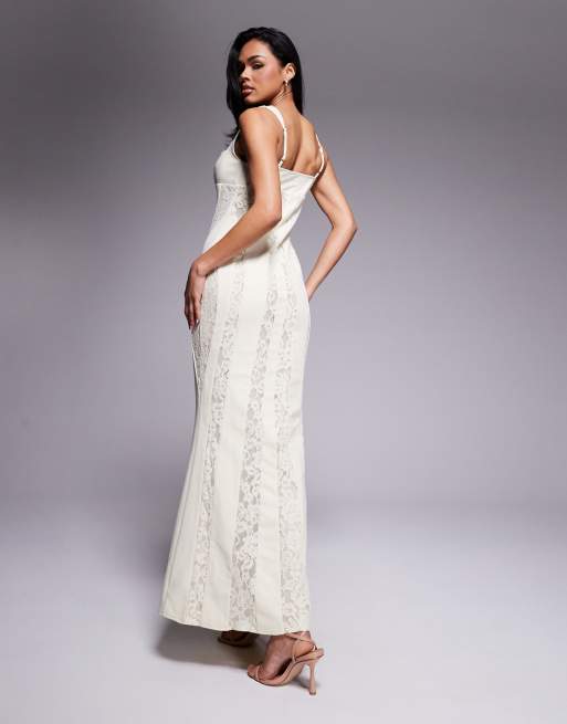 Vestido largo color crema con escote cuadrado y panel de encaje transparente exclusivo de Murci, 3 de 4