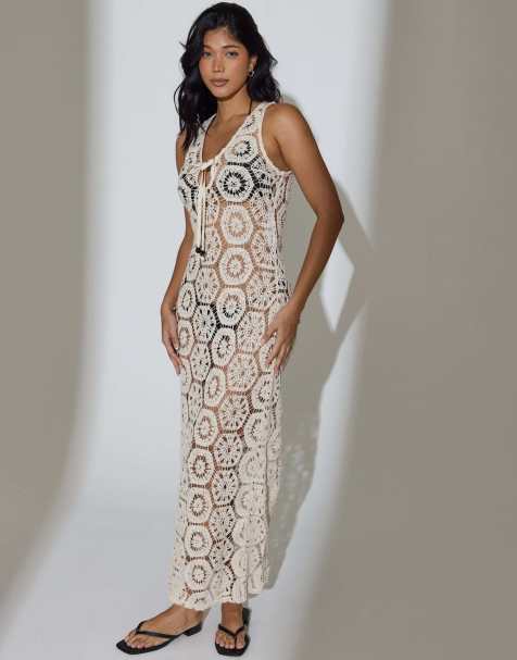 Vestido largo color crema con lazada delantera de croché de South Beach - view 1