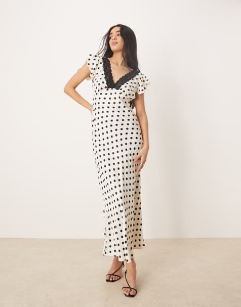 Vestido largo color crema de satén con estampado de lunares y ribete de encaje de ASOS DESIGN - view 1