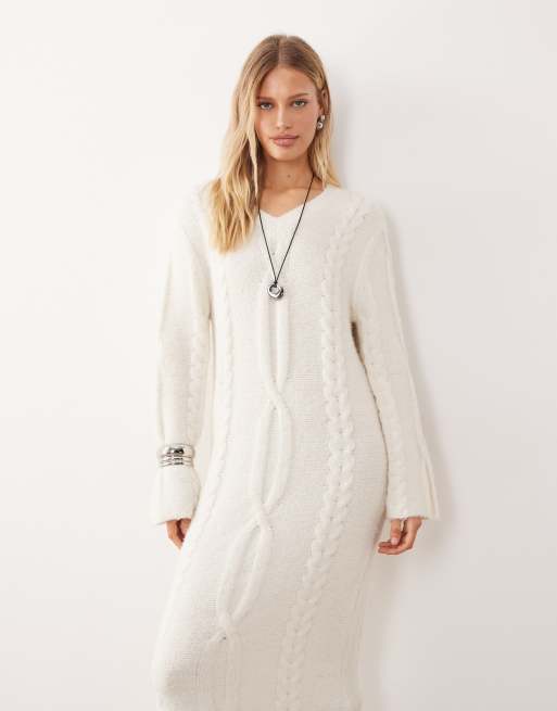 Vestido largo color crema estilo jersey con cuello de pico de punto de ochos de efecto lana de 4th & Reckless, 4 de 4