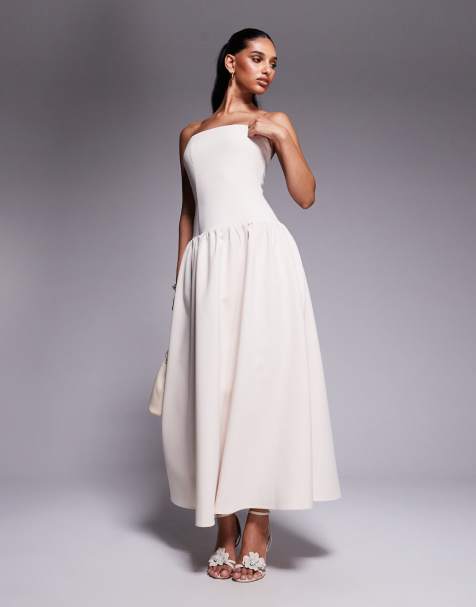 Vestido largo color crema estructurado con escote palabra de honor, cintura baja y falda fruncida exclusivo de Kaiia - view 1