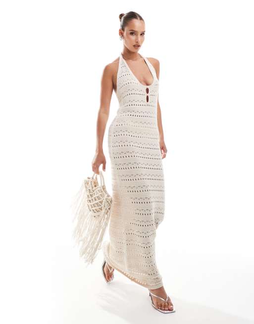 Vestido largo color crudo con cuello halter de punto de ASOS DESIGN