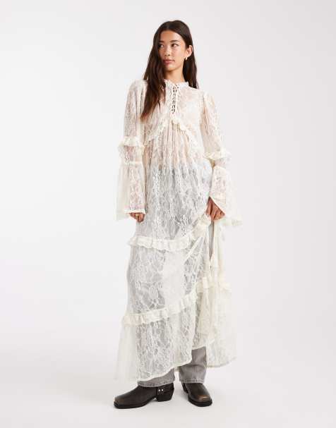 Vestido largo color crudo escalonado de encaje de Miss Selfridge - view 1