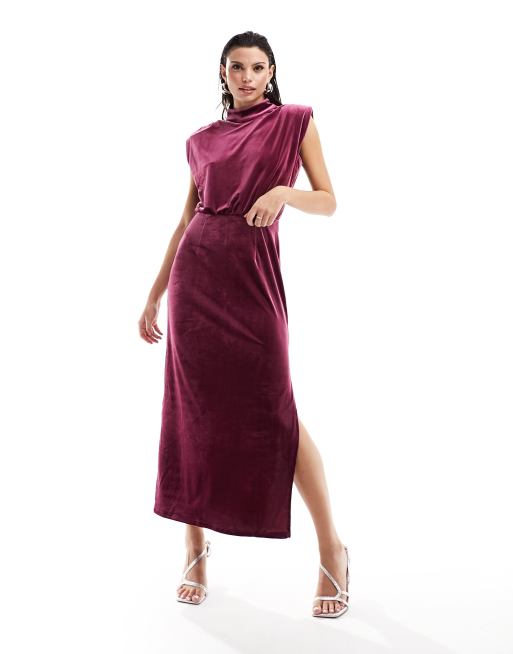 Vestido largo color frambuesa con cuello alto de terciopelo de Vila, 4 de 4
