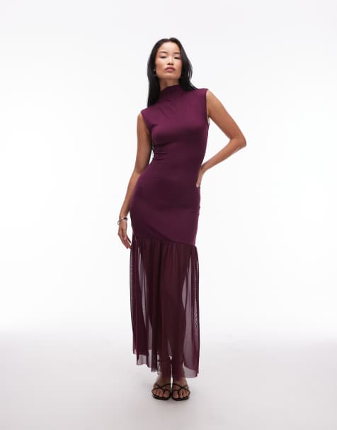 Vestido largo color higo con cintura baja y cuello subido de malla de ASOS DESIGN - view 1