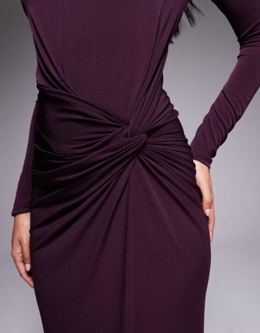 Vestido largo color higo intenso con cuello alto exclusivo de Daska, 4 de 4