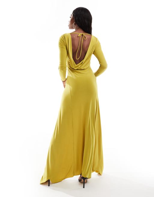 Vestido largo color lima de manga larga con espalda drapeada y detalle de bajo de godets de ASOS DESIGN