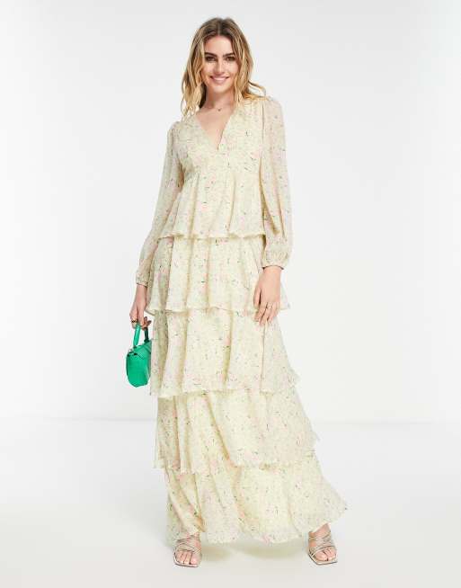 Vestido largo color limón con estampado floral rosa y volantes Ashton de Pretty Lavish