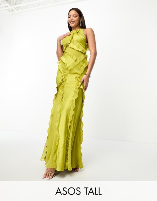 Vestido largo color oliva con cuello de nadadora y volantes de mezcla de satén de ASOS DESIGN Tall