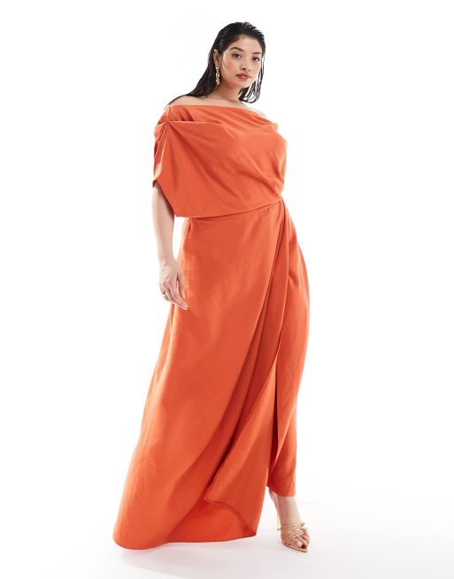 Vestido largo color óxido con escote Bardot y abertura hasta el muslo de tejido texturizado exclusivo de ASOS DESIGN Curve