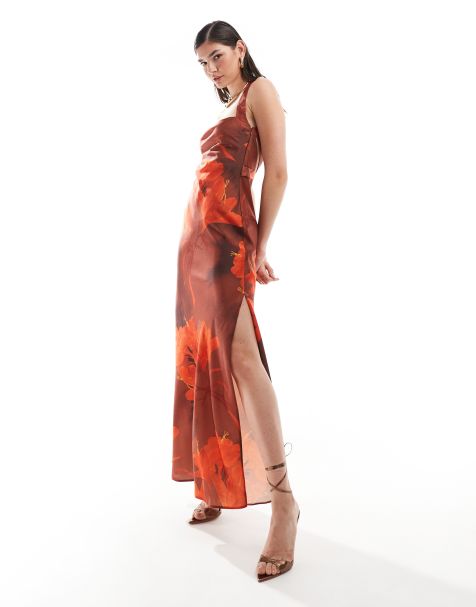 Vestido largo color óxido de tirantes anchos cruzados en la espalda con estampado floral de satén de ASOS DESIGN - view 1