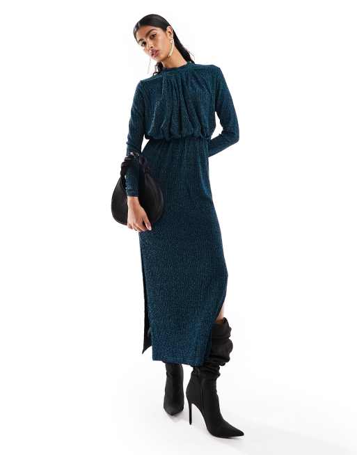 Vestido largo color petróleo de cuello alto con abertura lateral y diseño degradado de purpurina de Y.A.S