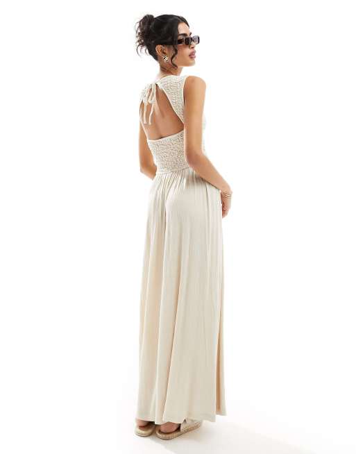 Vestido largo color piedra con espalda al aire y corpiño fruncido de tejido rugoso de ASOS DESIGN