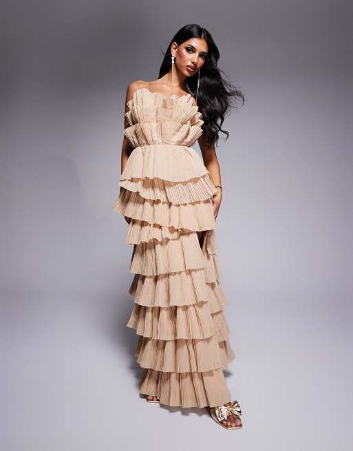 Vestido largo color piedra plisado con escote palabra de honor y abertura lateral de organza de ASOS LUXE