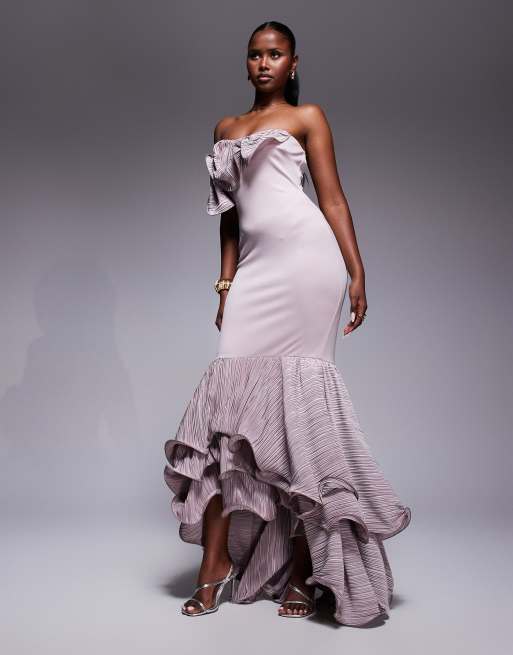 Vestido largo color rubor con detalle de volantes plisados de tejido efecto neopreno premium de ASOS DESIGN