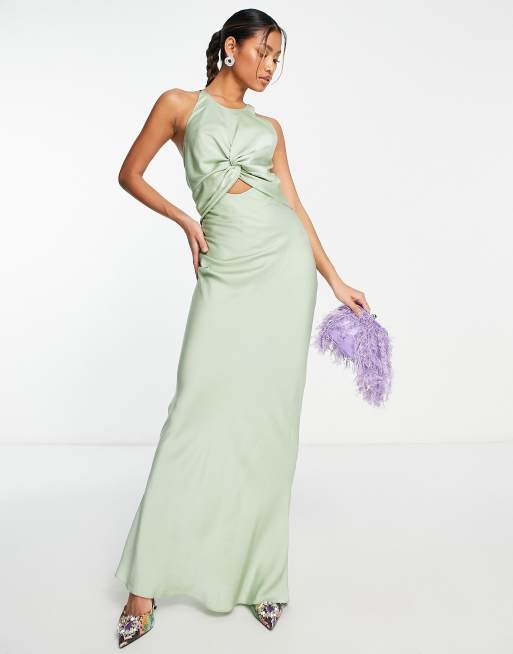 Vestido largo color salvia con lazada en la espalda y parte delantera anudada de satén de ASOS DESIGN
