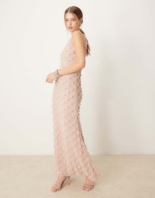 Vestido largo color topo con diseño de abalorios y espalda de nadadora escotada de ASOS DESIGN