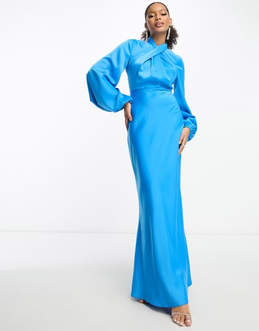 Vestido largo color turquesa con mangas globo y parte delantera retorcida de satén de ASOS DESIGN