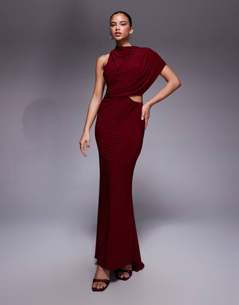 Vestido largo color vino con capa asimétrica, abertura y espalda al aire de ASOS DESIGN - view 1