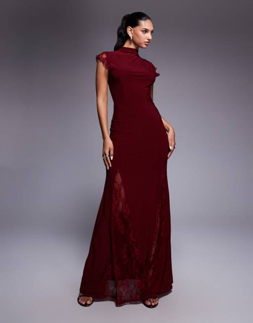 Vestido largo color vino de cuello alto con mangas de casquillo e inserto de encaje de ASOS DESIGN