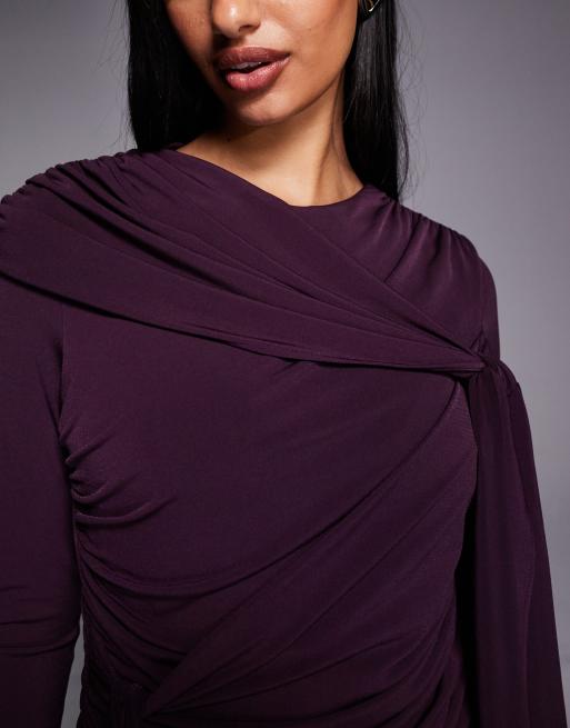 Vestido largo color vino fruncido con detalle de lazada de Daska, 4 de 4