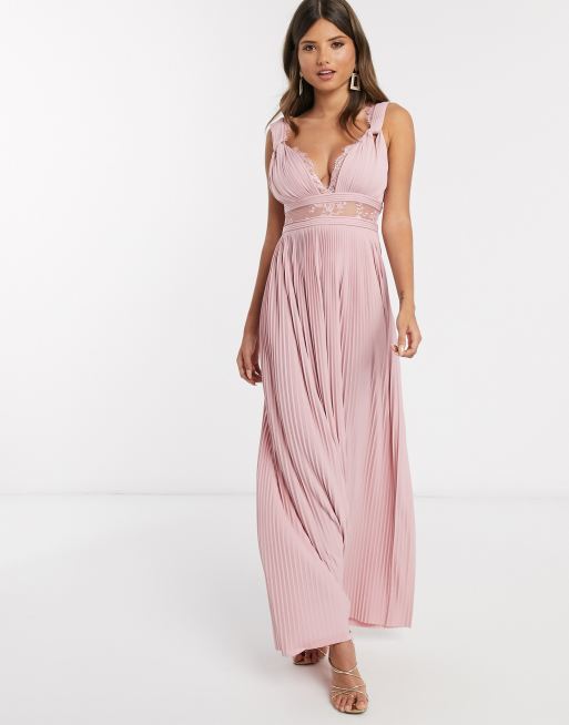 Vestido largo con aplicación de encaje y tirantes retorcidos en rosa empolvado de ASOS DESIGN Premium
