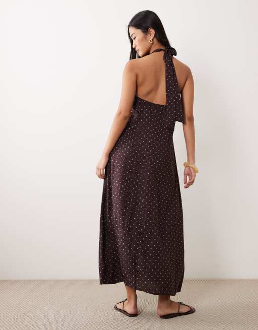 Vestido largo con cuello halter y estampado de lunares de Miss Selfridge, 3 de 4