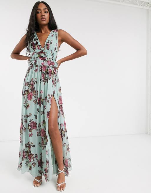 Vestido largo con cuerpo plisado, detalle de bordes sin rematar estampado de flores de ASOS DESIGN ASOS