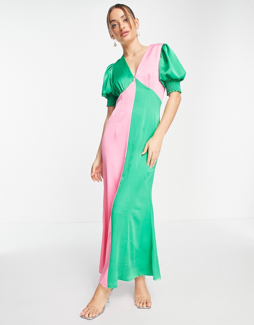 Vestido Largo Con Diseño Color Block Y Mangas Abullonadas En Contraste De Never Fully Dressed-Multicolor