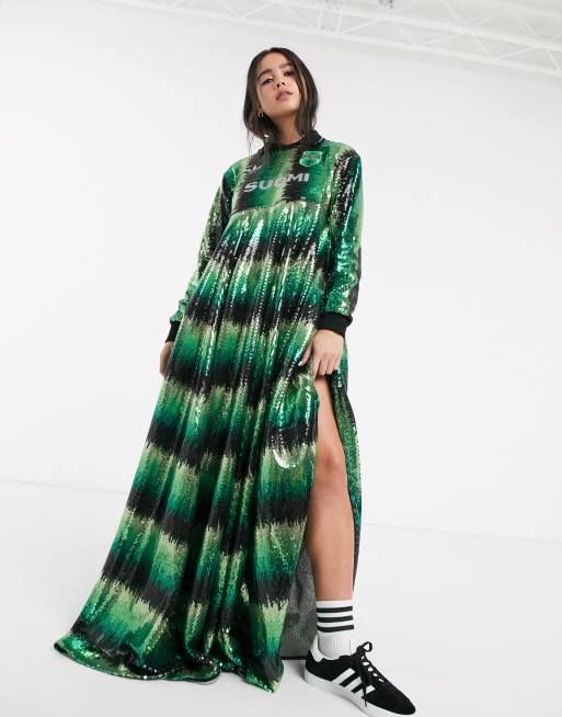 Vestido largo con dise o de f tbol de lentejuelas en verde de adidas Originals x Anna Isoniemi