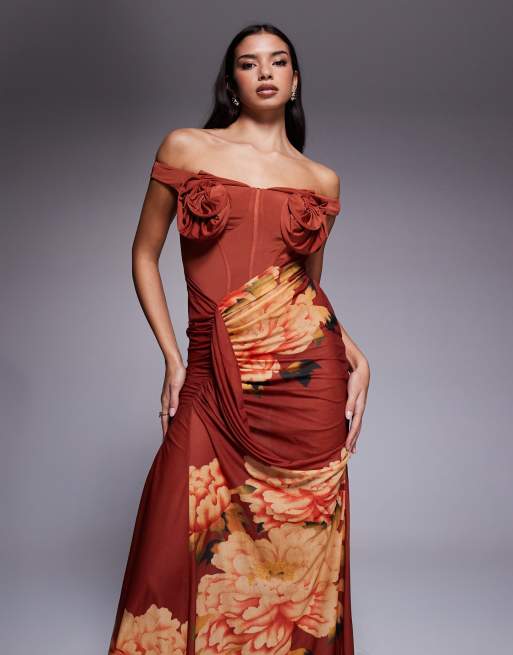 Flor Grande Vestido Largo Flores Rojo Vestido Largo Con Escote