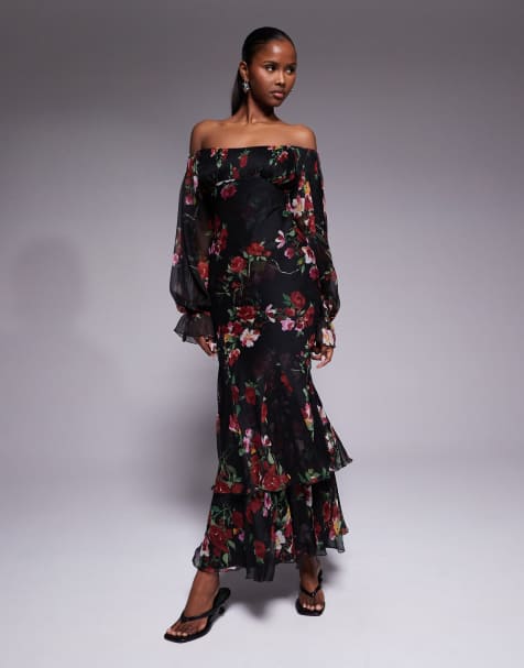 Vestido largo con escote Bardot, volantes, godets escalonados y mangas estilo blusón con estampado floral de ASOS DESIGN - view 1