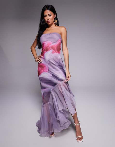 Vestido largo con escote palabra de honor, volante asimétrico en el bajo y estampado abstracto de flores lilas de ASOS DESIGN - view 1