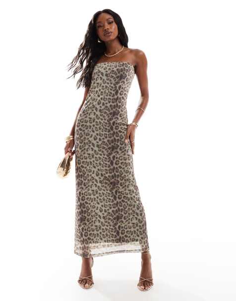 Vestido largo con escote palabra de honor y estampado de leopardo de malla de ASOS DESIGN - view 1