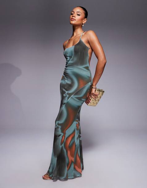 Vestido largo con estampado abstracto, espalda cruzada y cuello ancho de malla de ASOS DESIGN - view 1