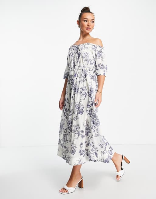 Vestido largo con estampado botánico y escote Bardot de algodón de Whistles - IVORY