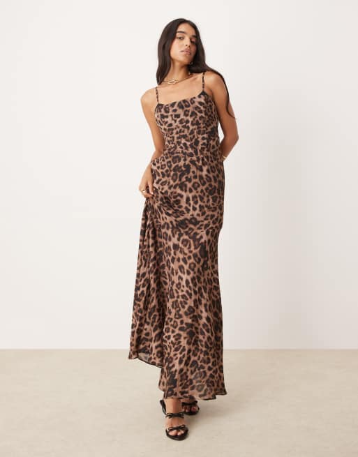 Vestido largo con estampado de leopardo, cuerpo estilo corsé y detalle de copas a la vista de Forever New