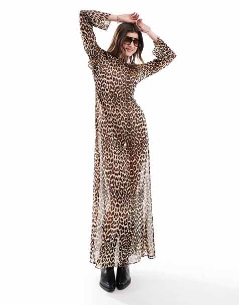 Vestido largo con estampado de leopardo y espalda escotada de chifón traslúcido de ASOS DESIGN - view 1
