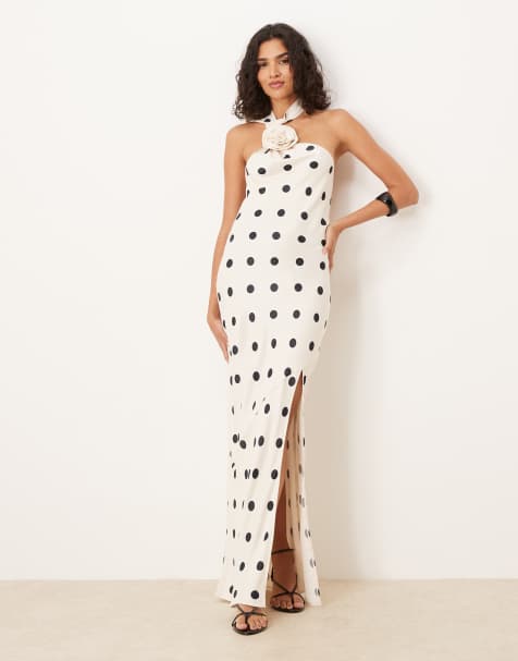Vestido largo con estampado de lunares, detalle de flor y fular de satén de ASOS DESIGN - view 1